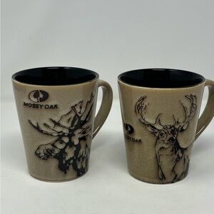 Mossy Oak Stoneware Coffee Cups Rustic Nature Pair Elk Moose 12 Oz Mugs